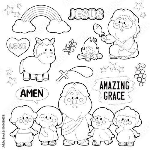 Christian Coloring Page with Jesus, Children, Donkey, Rainbow and Faith Symbols