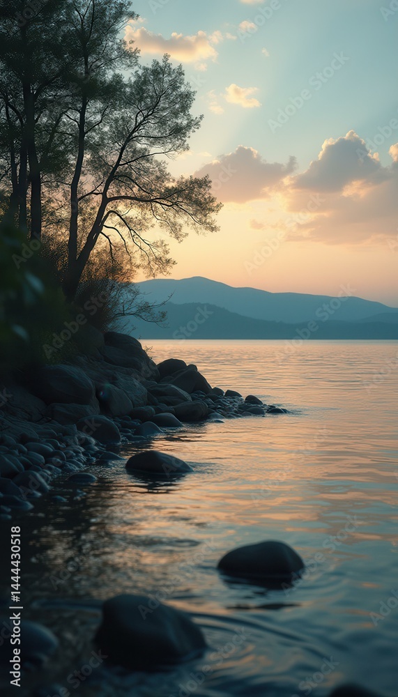 Serene Lake Shore at Sunset with Smooth Rocks and Tranquil Water Reflecting Soft Light and Distant Mountains