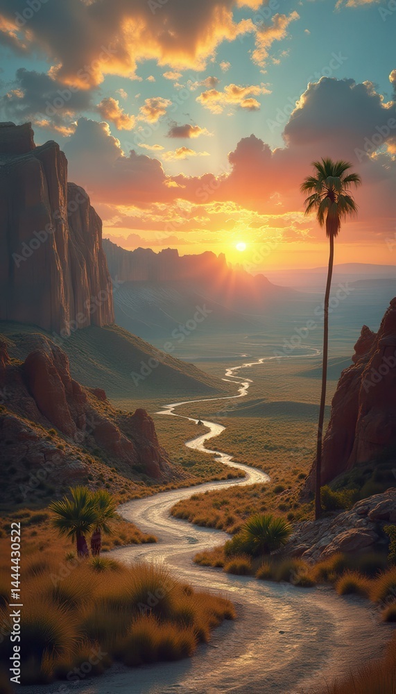 A scenic sunset view of a winding path through desert landscape and tall cliff formations.