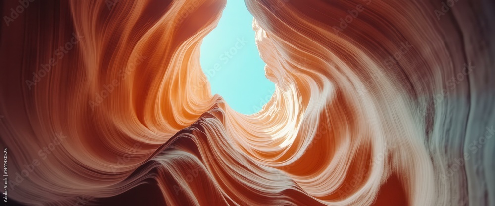 Striking view of abstract canyon walls of sandstone rock formations with light blue sky