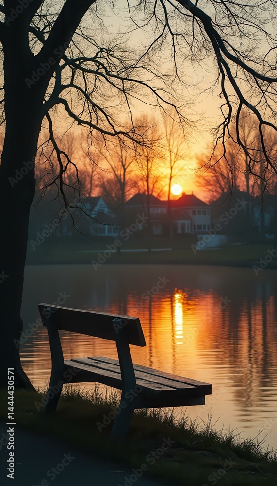 Bench at Lake at Sunrise - Tranquil Scenery with Bare Tree Branches and Calm Water Reflections