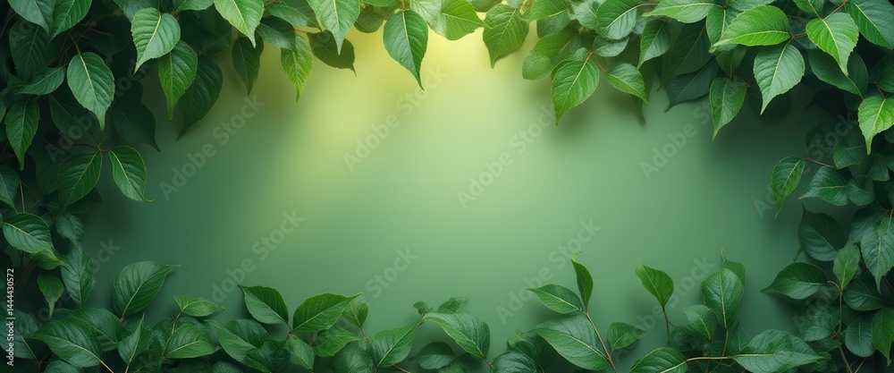 Green leaf frame background with vibrant foliage and natural light creating a peaceful, scenic border for creative designs