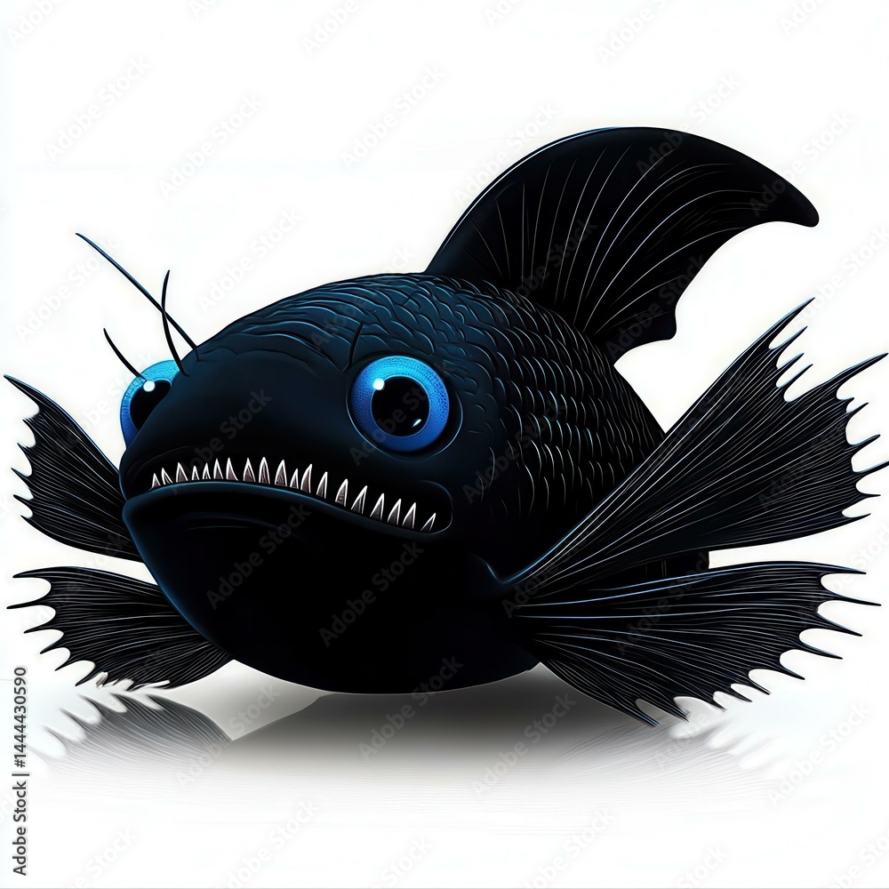 Animated Walking Catfish with Sharp Teeth and Blue Eyes on a White Background