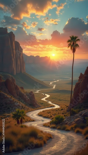 Obraz na płótnie A scenic sunset view of a winding path through desert landscape and tall cliff formations. w salonie
