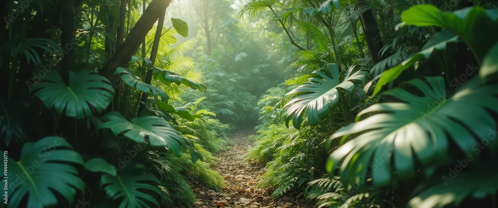 Pathway through dense tropical forest with lush foliage and dappled sunlight creating a serene and vibrant scene