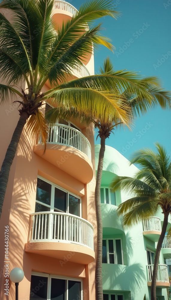 Tropical architecture featuring colorful pastel buildings and palm trees bathed in sunlight, creating a vibrant travel and vacatio