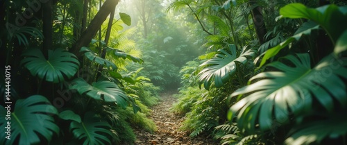 Obraz na płótnie Pathway through dense tropical forest with lush foliage and dappled sunlight creating a serene and vibrant scene w salonie
