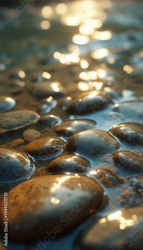 Golden light reflects on pebbles at waters edge, creating a dreamy, tranquil scene