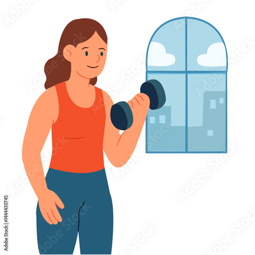 Smiling Woman Lifting Dumbbell Indoors Near Window for Healthy Lifestyle and Fitness Motivation