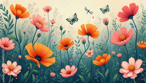 Obraz na płótnie Colorful Flat Design Meadow with Orange and Pink Flowers, Green Leaves, Butterflies, and a Dragonfly w salonie