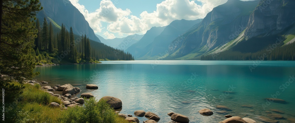 Scenic turquoise lake reflecting towering mountains and evergreen forests under a partly cloudy sky