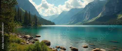 Obraz na płótnie Scenic turquoise lake reflecting towering mountains and evergreen forests under a partly cloudy sky w salonie