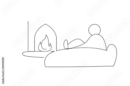 Person relaxing on couch by fireplace line art comfort and warmth