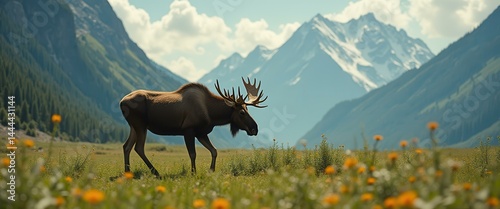 Majestic moose walks through a vibrant wildflower meadow with a backdrop of snow-capped mountains in the distance