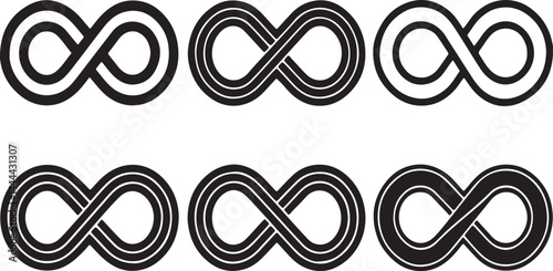 Set of 6 outline icons related to variant shapes of infinity elements. Linear icon collection. Editable stroke line art. Vector illustration.