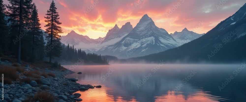Serene Lake Reflects Majestic Mountain Peaks Under a Vibrant Sunrise Sky