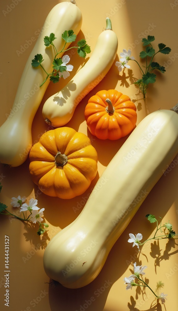 Autumn Still Life with Yellow Squash and Orange Pumpkins on Warm Background
