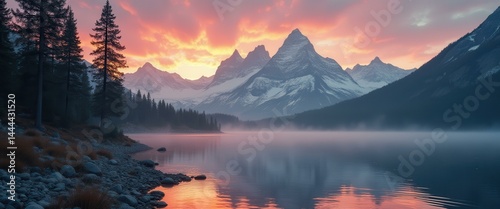 Obraz na płótnie Serene Lake Reflects Majestic Mountain Peaks Under a Vibrant Sunrise Sky w salonie