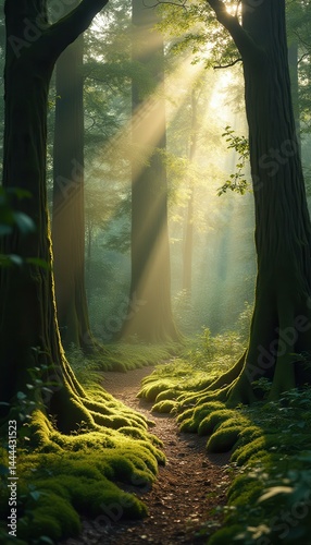Obraz na płótnie Sunlight Filtering Through a Mystical Forest Path Covered in Moss w salonie