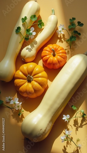 Obraz na płótnie Autumn Still Life with Yellow Squash and Orange Pumpkins on Warm Background w salonie