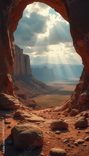 Monumental Canyon View Through a Natural Archway with Striking Sun Rays Illuminating the Desert Landscape