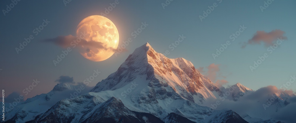 Serene Mountain Peak Under a Glowing Full Moon with Whispering Clouds