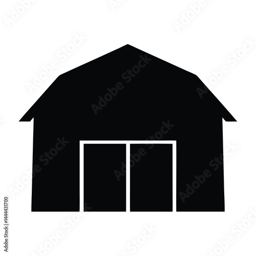 Stylized black and white illustration of a barn with double doors.