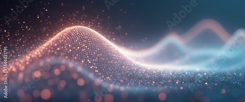 Abstract shimmering surface of gold and blue particles flowing like waves, creating a mesmerizing and dynamic visual experience.