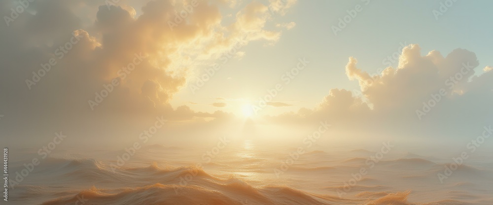 Ethereal Ocean Sunrise with Golden Waves and Mystical Clouds