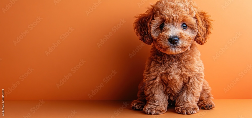 Adorable Toy Poodle Puppy Posing Against Orange Background