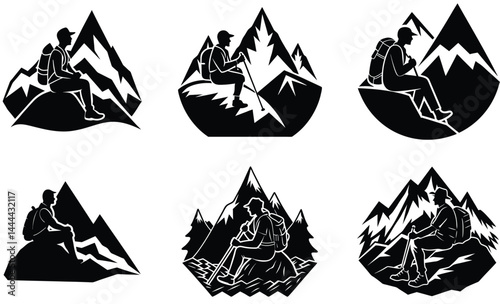Hiker resting on a mountain peak silhouette black vector art set design