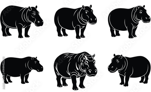 Hippopotamus wild animal silhouette black vector art design set