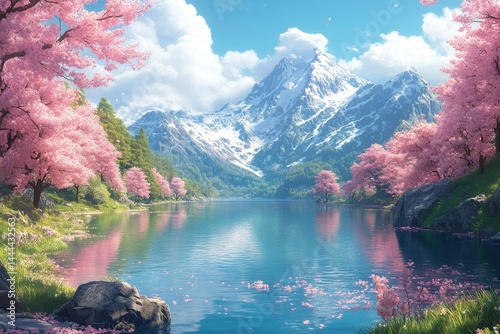 Serene mountain lake, cherry blossoms, spring. Background snow-capped peaks. Use Wallpaper, postcard
