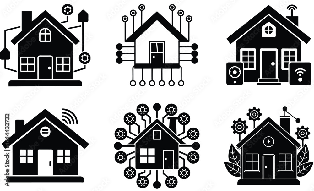 Fototapeta premium Home automation hub silhouette black vector art design set