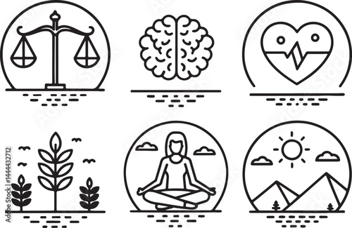 Set of 6 outline icons related to wellness, wellbeing, mental health, natural environment and more. Linear icon collection. Editable stroke line art. Vector illustration.