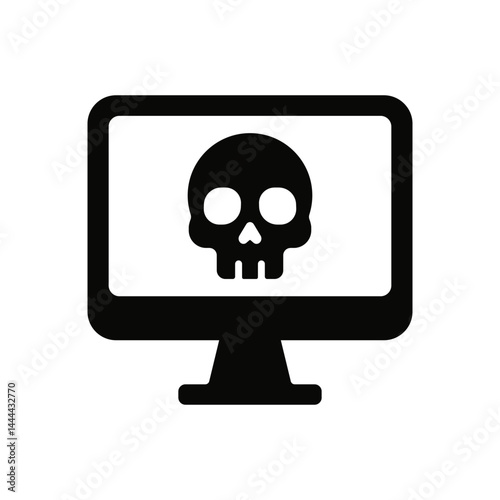 Flat vector icon of skull on computer screen. Represents virus, malware, cyber attack, digital threat or computer hacking.