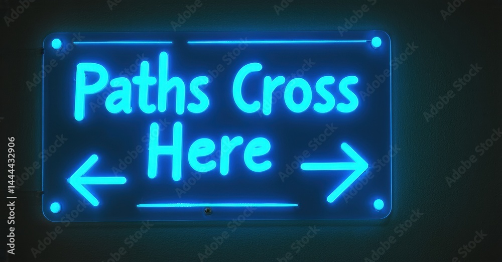 Bright neon sign displays text, Paths Cross Here, with left and right arrows. Dark background emphasizes glowing blue illumination. Bright neon sign displays text, Paths Cross Here, with left and right arrows. Dark background emphasizes glowing blue illumination.