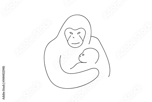Minimalist line drawing of a gorilla holding baby cub showing maternal love