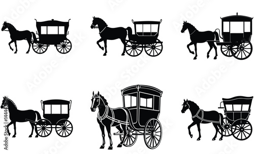 Horse drawn carriage silhouette black vector art design set