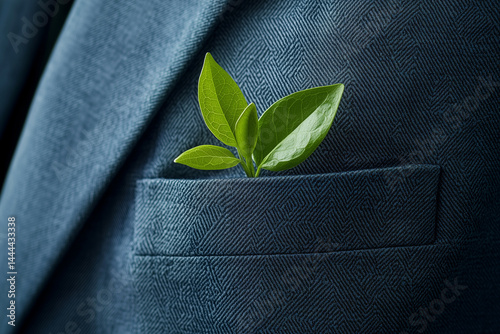 Green plant in business suit pocket symbolizing sustainability