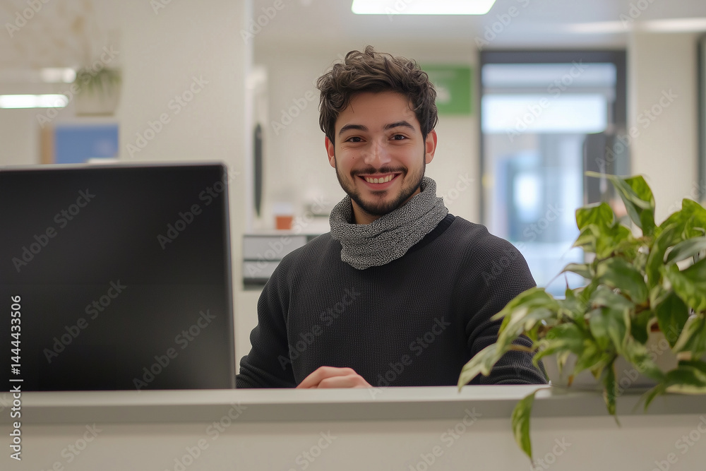 Smiling office worker at desk in modern workspace