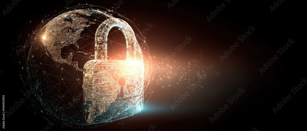 Digital globe with a padlock symbolizing cybersecurity and data protection in a networked environment.