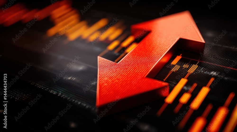 Dynamic red arrow against a dark background, symbolizing market trends and fluctuations in financial data.