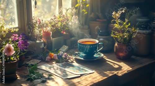Ostara Witchy cozy witchy desk by morning light, tea cup, tarot spread, and spring herbs scattered