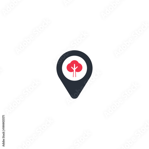 Black geolocation icon with red tree, symbol of ecological location, sustainability, protected nature, green zones, environmental care and climate awareness.
