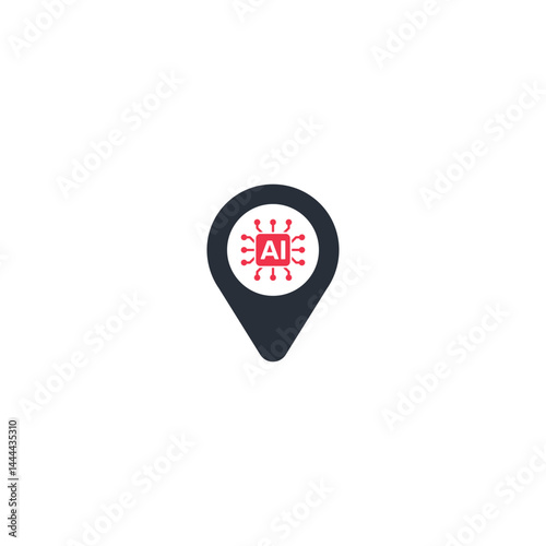 Black location pin with red AI chip, symbol of artificial intelligence, advanced technology, smart geolocation and automated data processing.