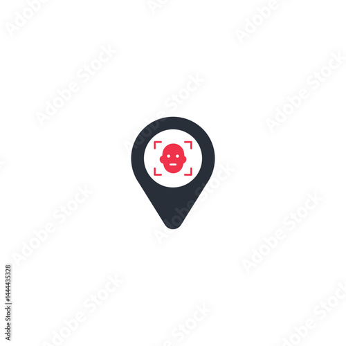 Black location icon with red face in frame, symbol of facial recognition, biometric technology, digital security and smart geolocation systems.