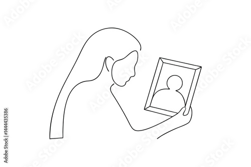 Minimalist illustration of a woman looking at photo remembering someone special