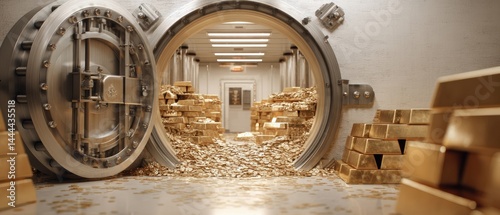 A luxurious bank vault filled with gold bars and coins, depicting wealth and security.