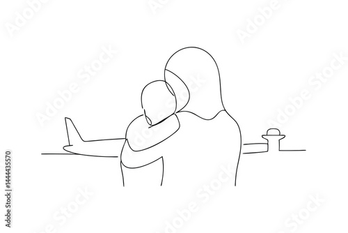 Single line drawing of mother and child at airport with airplane waiting